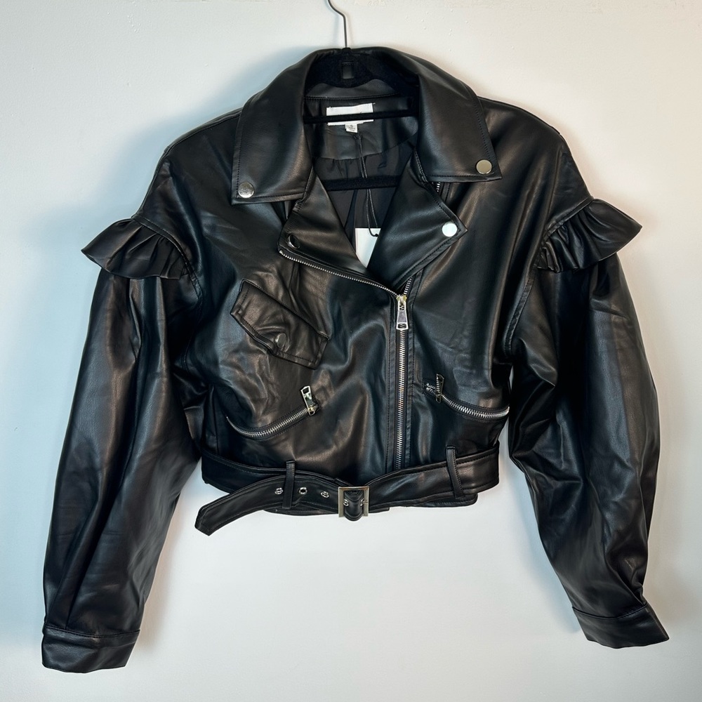FAUX LEATHER PUFF SLEEVE JACKET